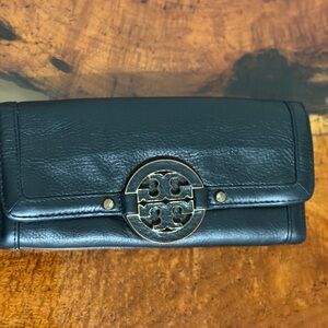 Tory Burch Black Leather Clutch with Gold Logo